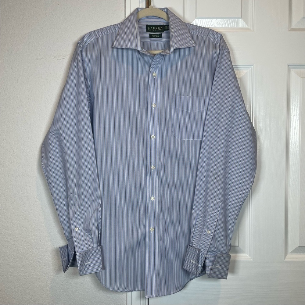 Lauren Ralph Lauren Classic Fit Blue Stripe Long Sleeve Dress Shirt Neck 15.5